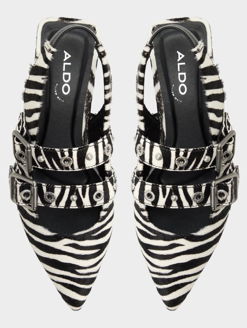 Aldo Black & White Zebra Print Pointed Slingback Mule with Buckle Straps